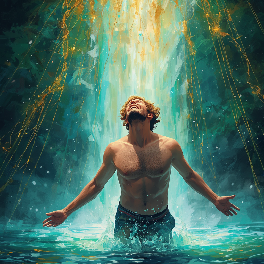 Passages - Transition de vie - Homme torse nu qui se baigne dans une cascade